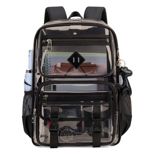 Clear Backpack for School, PVC Clear Bookbag Heavy Duty Transparent Backpack for Stadium Events Multiple Pockets See Through Bag for Teens Students Women Men with Leather Pendant, Semi Black