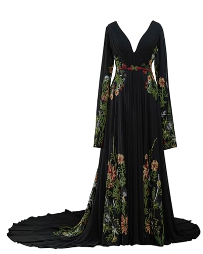 Chiffon Wedding Dress with Long Sleeves Beach Floral Embroidery Bridal Gowns for Bride A Line Wedding Gown Black 12
