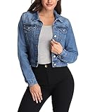 andy & natalie Women's Denim Jackets Trendy Long Sleeve Basic Button Down Crop Jean Jacket with Pockets Blue Large