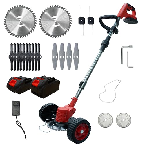 Electric Weed Wacker, Battery Powered Weed Eater with 4 Types of Blades and Upgraded Metal Lid, 2Pcs of Batteries & Wheels, Lightweight Grass Trimmer for Lawn Yard Garden