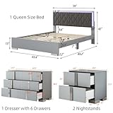 Merax 4-Pieces Bedroom Set, Queen Size Bed Frame Platform with LED Lights Upholstered Headboard & 6 Drawers Dresser Cabinet & 2 Nightstands, Mirrored Metal Handle, No Box Spring Needed, Grey