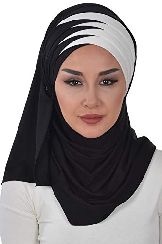 Aisha's Design Hijab Muslim Scarves for Women,%100 Cotton Presewn Jersey Shawl Turban, 2-Color, Black - Ivory