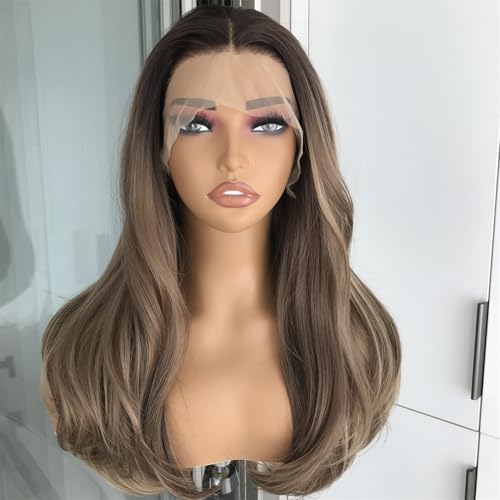 mytonecoo Pre Plucked Highlight Sandy Brown Straight Glueless Synthetic Lace Front Wig with Dark Roots Ready to Wear Honey Blonde Balayage Wig for Women Pre Layered Wig 20Inch