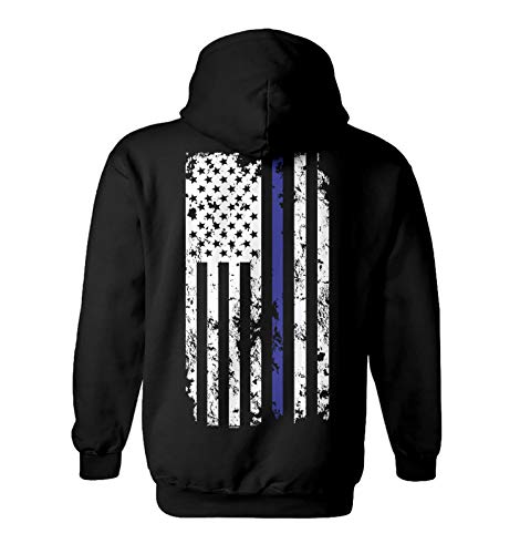 Haase Unlimited Blue Line American Flag - Police Support Unisex Hoodie Sweatshirt (Black - Back Print, X-Large)