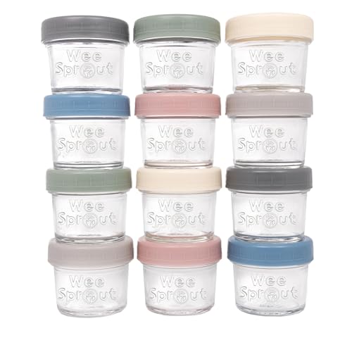 WeeSprout Glass Baby Food Storage Jars w/Lids (4 oz, 12 Pack Set) Snack, Puree, Reusable Small Containers, Breast Milk, Fridge or Freezer, Microwave & Dishwasher Safe, Essential Must Have for Infants