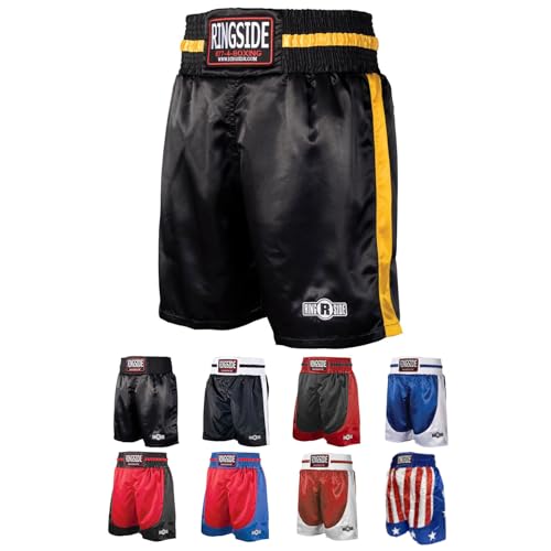 Ringside Pro-Style Boxing Trunks, Satin Boxing Shorts for Men and Women, Ideal for Boxing, MMA, Muay Thai, Black/Gold, Youth Medium