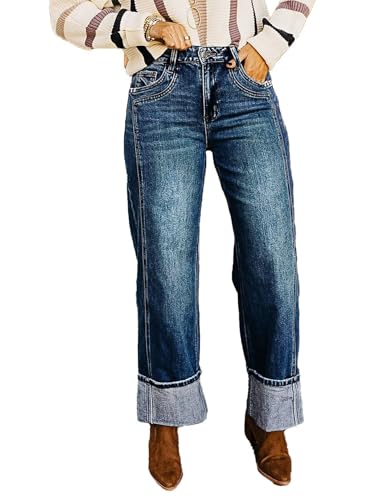 Flamingals Mid Rise Straight Leg Baggy Jeans for Women Plus Size High Stretch Roll Hem Wash Trendy Denim Jeans Mid Blue M