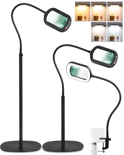 10X Rectangle Magnifying Glass with Light and Stand, 24" Flexible Gooseneck 3-in-1 Floor Lamp, 5 Color Modes Stepless Dimmable, LED Lighted Hands Free Magnifier for Reading Crafts Painting Close Work