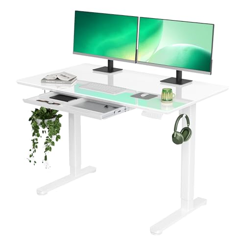 INNOVAR Glass Standing Desk with Drawers, 48×24 Inch Adjustable Stand Up Desk Quick Install Home Office Computer Desk, White