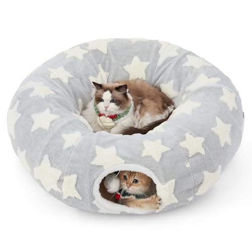 Lesure Cat Tunnel Bed for Indoor - Cute Cat Donut Tunnel with Washable Circle Cushion, Round Pet Peekaboo Cave Toy for Kitten/Puppy/Rabbit, Grey