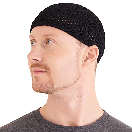 100% Cotton Skull Caps for Men, Knit Kufi Hat for Muslim Prayer, Women's Mesh Crochet Beanie, Ideal Head Wear During Summer Black