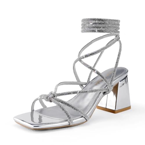 Shoe'N Tale Lace Up Heels for Women Ankle Strappy Gladiator High Heeled Sandals Chunky Block Heel Square Open Toe Criss Cross Dress Shoes(7,Silver)