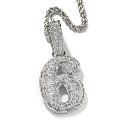 Lulu Mel Iced Out Custom Big Name Number Necklace Personalized Diamond Cuban Link Chain for Men Women, Hip Hop 14k Real Gold Plated 0-9 Number Pendant, Single Number Pendant (Silver)