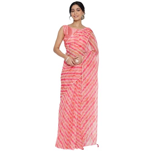 VIRICA Women's Net Organza Digital Print Saree with Unstitched Blouse Peice (Pink)