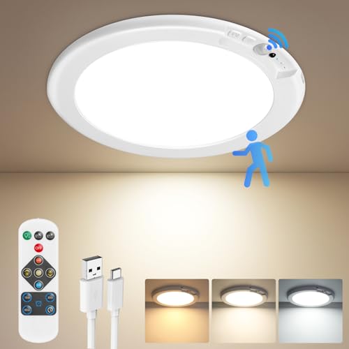 Rechargeable Motion Sensor Ceiling Light with Remote, Battery Operated Ceiling Light No Wiring, Wireless LED Ceiling Light, 3 Colors Dimmable Indoor Overhead Lamp for Closet Shower Pantry Shed Hallway