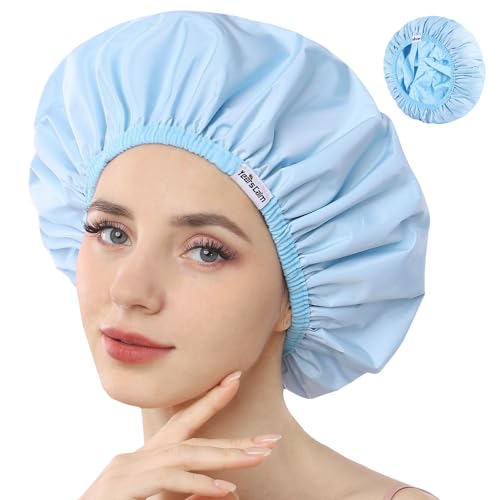 Years calm Shower Caps For Women Reusable Waterproof，Pattern And Solid Color Dual-Layer Design For Dual-Layer Usable，Protects Hair In Shower, Spa, Cooking, Clean & Travel (Blue, One Size)