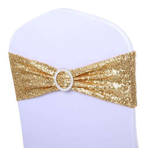 ANMINY Pack of 50 All Around Gold Sequin Chair Sashes with Bows Stretchy Spandex Decorative Shiny Sparkly Sash Band for Banquet Chair Cover Romantic Wedding Party Ceremony Home Decoration, Light Gold