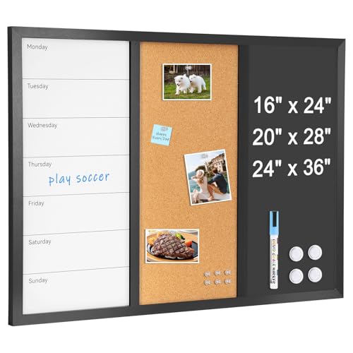 4 THOUGHT Chalkboard Corkboard Whiteboard Calendar Combo, 36" x 24" Magnetic Weekly Planner Chalk Board Wall Mounted Framed Combination Board for Kitchen Home Office 1 Marker 4 Magnets 10 Pushpins