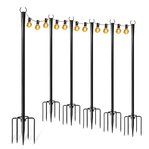 6 Pack String Light Poles for Outside, Thickened Metal Lights Hanger Pole Outdoor with Fork, Lighting Hanging Post Accessories for Patio Decor Garden Backyard Yard Front Porch Outside Decorations