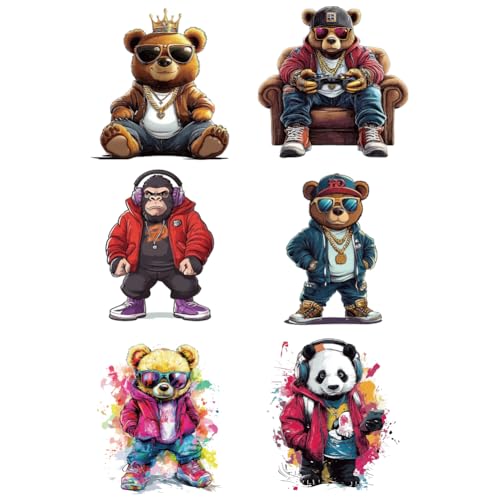 arricraft 6 Pcs Iron on Decals Patches, 6 Sizes Hip-hop Animals Iron on Stickers Fashion Bear Monkey Panda Heat Transfer Stickers Plastic Washable Patches for DIY Clothes Decor Backpacks Cover