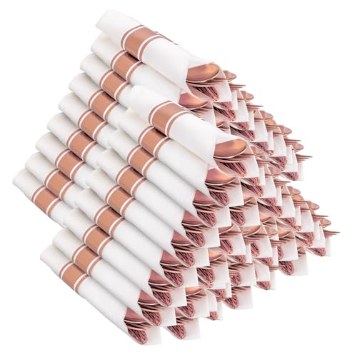 Joyido 400PCS Pre Rolled Rose Gold Plastic Silverware Sets - Heavy Duty Rose Gold Cutlery - Include 100 Pack Wrapped Disposable Utensils with Napkins for Parties & Dinners & Weddings