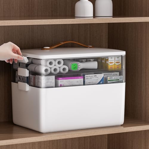 JOYBOS 3-Tier Medicine Storage Box Cabinet, Empty First Aid Kit Organizer Portable Medical Supply with Leather Handle for Home
