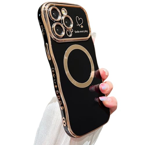 ZONRW for iPhone 15 Pro Max Case Magnetic,for Women Girls Soft Cute Wave Frame Curly Shape Love Heart Luxury Plating Phone Case Compatible with MagSafe Shockproof Back Cover 6.7"-Black