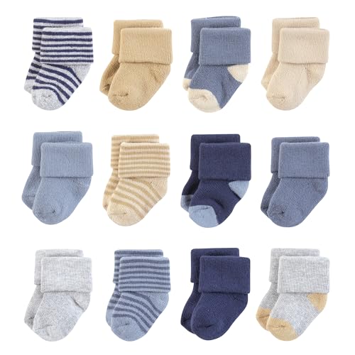 Hudson Baby Baby Infant Boy Cotton Rich Newborn and Terry Socks, Blue Brown Stripes, 0-6 Months