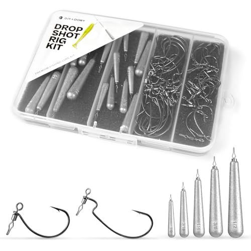 52-Pack Drop Shot Rig Kit - 8 Sizes Swivel Hooks (32 Pcs) & 20 Weights (1/8oz to 1/2oz) - Quick Dropshot Rigging for Bass Fishing