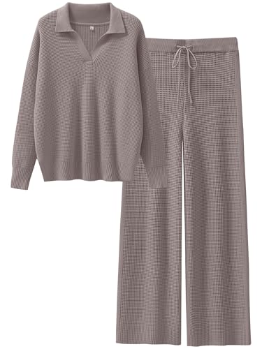 ANRABESS Womens Two Piece Outfits Sweater Sets Waffle Knit Pullover Wide Leg Pants Tracksuit Sweatsuits Matching Lounge Set Large