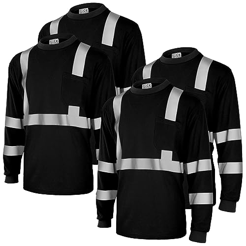 Amylove 4 Pcs Long Sleeve Reflective Safety T Shirt High Visibility Safety Shirts with Reflective Strips Men Women (Black,L)