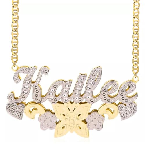 Name Necklace Personalized Double Plated Nameplate Necklace Two Tone Gold and Silver Custom Name Necklace with Butterfly Customized Jewelry Gift for Women Lover Men