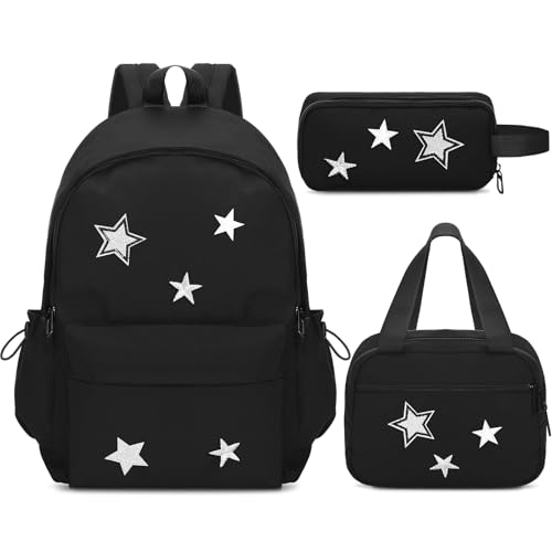 Sunnymove 3 Pcs Cute Y2k Star Backpack Set with Lunch Bag and Pencil Case, Kawaii Aesthetic Canvas Bookbag, Preppy Grunge Trendy Backpack College Casual Day Pack for Women Black