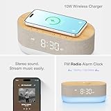 HOUSBAY 3-in-1 Alarm Clock Radio & Wireless Charger & Bluetooth Dual Speaker, 10W Charging Station for iPhone/Samsung, Dimmable Bedside Night Light, Soft Alarm, Digital Clock for Bedroom - Wood Tone