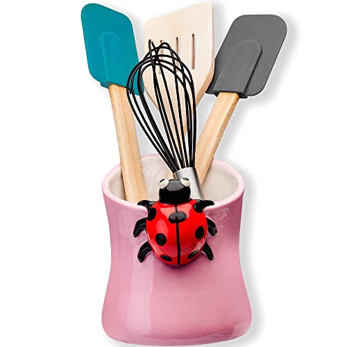 Sixdrop Ladybug Kitchen Utensil Holder - Pink Storage Crock - Ladybug Holiday Home Decor - Red Theme Party Accessories Gift - Home Desk Holder