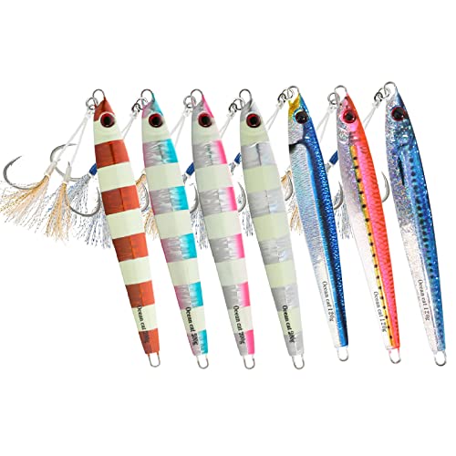 OCEAN CAT Knife Jig Slow Pitch Metal Lead Jig Slow Pitch Jigging Saltwater Fishing Lures 7 Colors Glow, 40g/80g/120g/160g/200g (#051-57:7 Colors Combo, 120g)