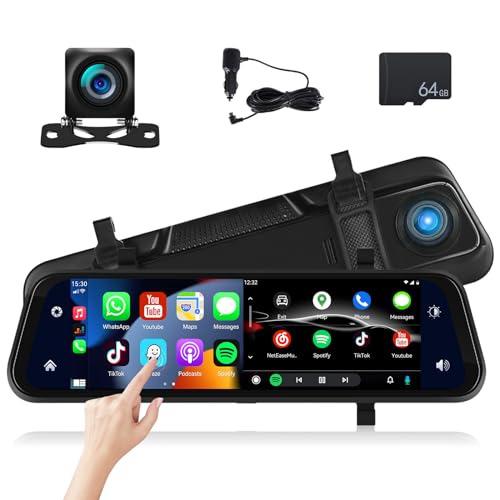 Mirror Dash Cam Front and Rear Camera with Apple Carplay/Android Auto 9.66 inch Mirror Backup Camera for Cars&Trucks Driving Recorder Voice Control 24-Hour Parking Monitoring Waterproof Night Vision