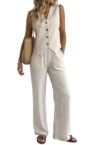 Women's 2 Piece Outfits Linen Vest Waistcoat Dressy Casual Sets Wide Leg Pants Suits Beige