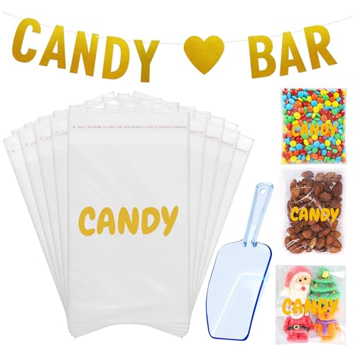 3-in-1 Candy Table Display Sets Bundle– 100pcs. Gold Party Favor Bags, Candy Scoops & Candy Bar Banner – Halloween treat bags, Halloween goodie bags, cellophane treat bags, candy bags for party favors