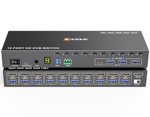 10 Port 8 Port KVM Switch HDMI 4K@60Hz EDID Simulation, USB 3.0 HDMI KVM Switch for 10 Computers Share 1 Monitor and 4 USB Devices, KVM Switches with Audio RS232 Wired Remote 12V Power and USB Cable