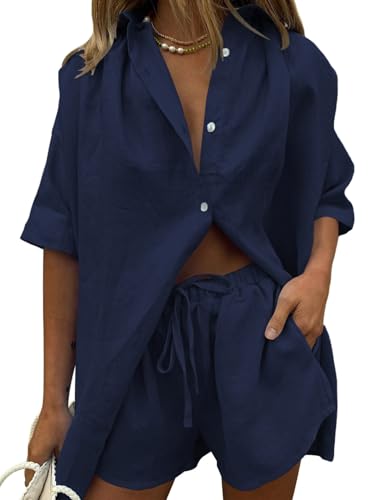 Fixmatti Linen Shorts Sets For Women Button Up 2 Piece Outfit Summer Short Sleeve Blouse Matching Pant Set Navy S