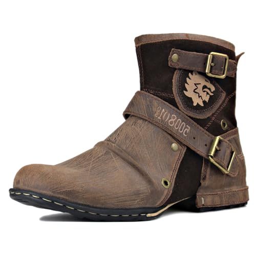 OSSTONE Moto Boots for Men Fashion Zipper-up Leather Chukka Boots Casual Shoes Retro Style 5008-1-D1-11 Light Brown