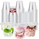Clawsoff 100 Pack 9 oz Clear Plastic Cups with Lids, Disposable Dessert Cup, Fruit Cup, Clear PET Cups for Cake, Cold Drink, Ice Cream, Salad