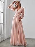 Ever-Pretty Women's V Neck Long Sleeves Floor Length Ruched Chiffon Formal Dress Pink US16