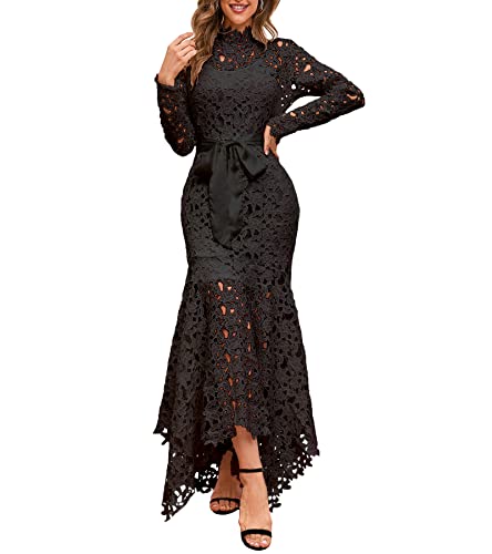 IWFEV Hollow Lace Dress Floor-Length Lace-Up Asymmetrical Maxi Dress Elegant Long Dress XXL Black