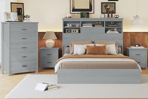 Merax 4-Pieces Queen Size Bedroom Set, Platform Bed Frame with Storage Headboard USB Charging Ports & 1x Dresser Cabinet 5 Drawers & 2 x Nightstands,Vintage, Wooden, No Box Spring Needed, Light Gray