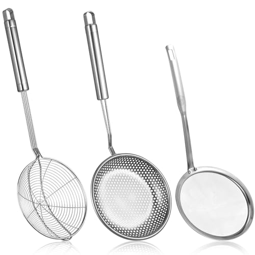 Spider Strainer & Skimmer Spoon Set, 3-Piece Stainless Steel Ladle Metal Wire Sieve Large Holes Slotted Colander Fryer Scoop Fine Mesh Strainers with Long Handle, Food Sifter for Kitchen Cooking