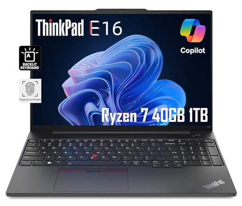 Lenovo ThinkPad E16 Business Laptop (16" FHD+ Display, AMD Ryzen 7 7730U (Beat Intel i7-1255U), 40GB RAM, 1TB SSD) Fingerprint, Backlit, FHD Webcam, Wi-Fi, Ethernet, Win 11 Pro w/ AI Copilot, Black