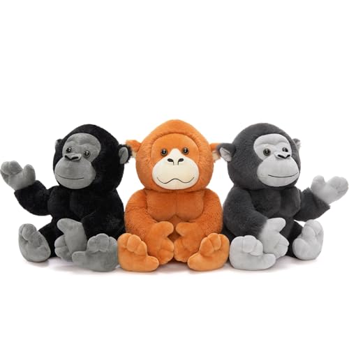 Karister 3Pcs Bulk Gorilla Plush, Cute Soft Gorilla Stuffed Animal Set for Kids,11.4" Mini Stuffed Zoo Animal Toy for Birthday, JungleTheme Party Baby Shower Decor(Black,Rufous,Gray)