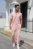 FZNHQL Men Outfits 2 Piece Fashion Casual Henley Shirts Golf Tracksuit Set Two Piece Slim Fit Polo Shirts and Sweatpants Set Outfits Pink S